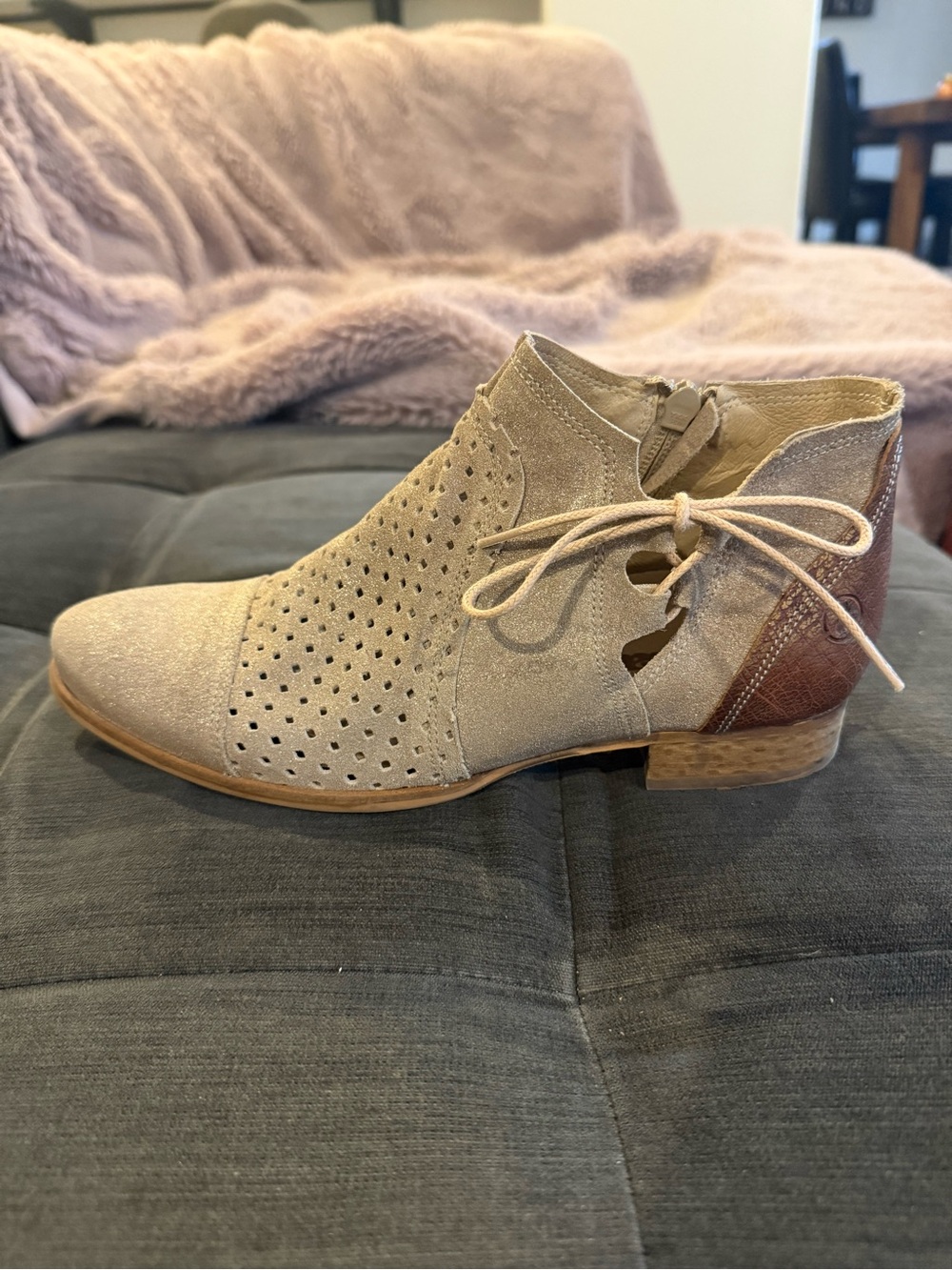 Casta Portugal Leather Perforated Ankle Booties Taupe Brown EU 38 US 7.5/8